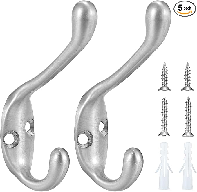 Jukzi Coat Hooks 5 Pack-Heavy Duty Wall Mounted Brushed Nickel Door Hooks Double Prong Hooks for Hanging Clothes/Towels/Key-Suitable for Bedroom/Bathroom/Entryway