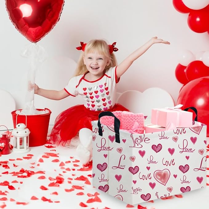 Rectangular Pink Valentine's Day Gift Basket,nursery basket,Pink girls gift baskets,kids toy storage Bin, Love Heart Room Decor for Home,Shelf Baskets(Beautiful love)