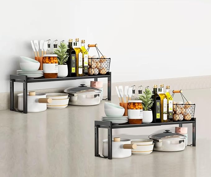 2 Pack Expandable Cabinet Shelf Organizer 16-26" L Stackable Kitchen Counter Shelves Rack Stand Sink Riser Countertop Storage Black (Normal 7.9”D)