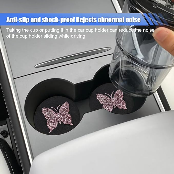 2PCS Bling Butterfly Car Coasters, 2.75 Inch Anti Slip Insert Cup Holder Coaster, Rhinestone Vehicle Cup Holder Decoration Pad, Universal Auto Interior Drink Water Bottle Mat Accessory (Pink)