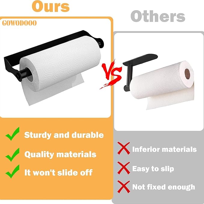 Wooden Under Cabinet Paper Towel Holder,Stainless Steel Under Counter Paper Towel Holder Wall Mount,Self Adhesive Kitchen Roll Rack for Kitchen Bathroom Garage RVs(Black)