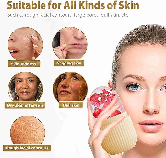 XHJRI Ice Face Roller Massager, Ice Cube Roller for Face, Eyes and Neck Naturally Conditioning and Skin Care, De-Puff Eye Bags, Reduce Migraine Pain, Reusable Massage Silicone Ice Mold (Beige)