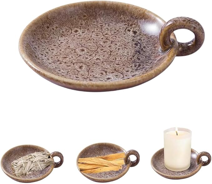 1pack Vintage Ceramic Candle Holders with Handle, Round Farmhouse Ceramic Plate Tray,Sage Holder for Burning,Incense Holder for Meditation Room Home Decor (Khaki)
