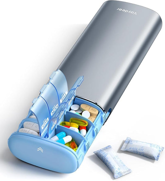 Vaydeer 7 Day Weekly Pill Organizer 2 Times a Day, Metal Am Pm Travel Pill Case, Large Capacity Twice Daily Cute Pill Box for Supplements, Pills, Vitamins and Medication (Gunmetal)
