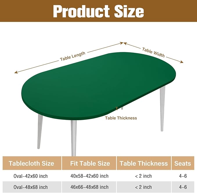 NEWISHER Fitted Oval Tablecloth 48 x 68 Inch Elastic Table Cloth, Stretch Spandex Table Cover Green Washable Polyester Top Cap Cover for Dining Picnic Camping Indoor and Outdoor