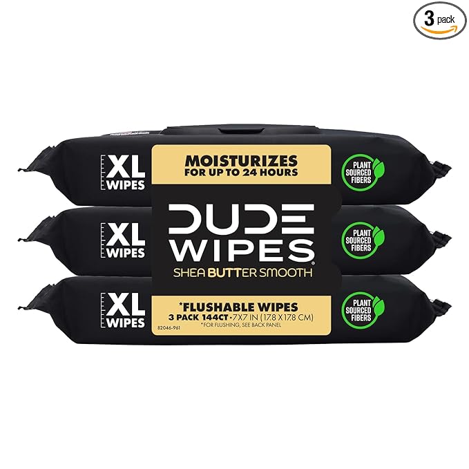 DUDE Wipes Shea BUTTer Flushable Wipes - Extra-Large Adult Wet Wipes - 3 Pack (144 Count) - Infused with Coconut Oil, Vitamin E, and Aloe - Septic and Sewer Safe