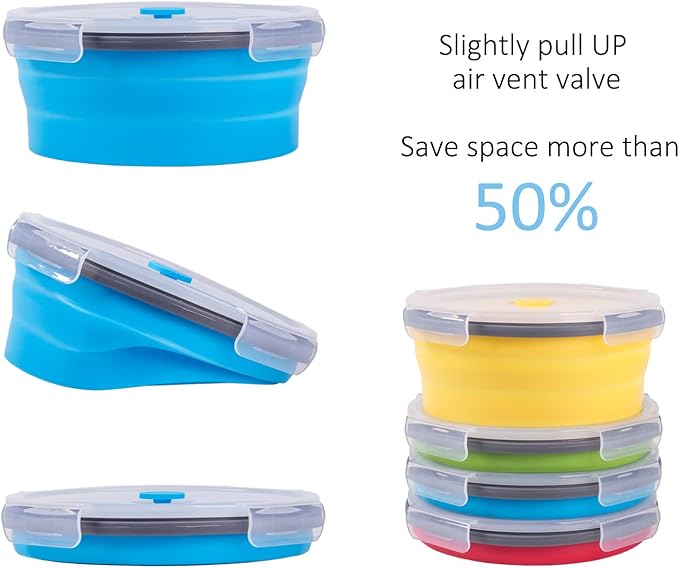Collapsible Food Storage Containers with Airtight Lid, 40.5 oz, Kitchen Stacking Silicone Collapsible Meal Prep Container Set for Leftovers, Microwave, Freezer, Dishwasher Safe, 4 Colors Round, Set of 4