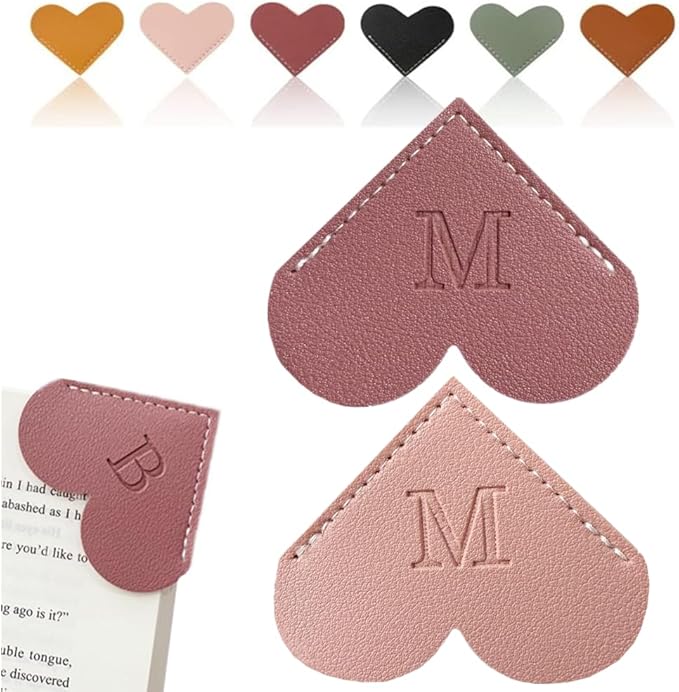 2PCS Personalized Leather Heart Bookmark, 26 Letters Customized Corner Book Mark for Reading, Book Holder Markers with Initials Page Book Accessories Cute Gifts (Light Pink+Deep Pink, M)