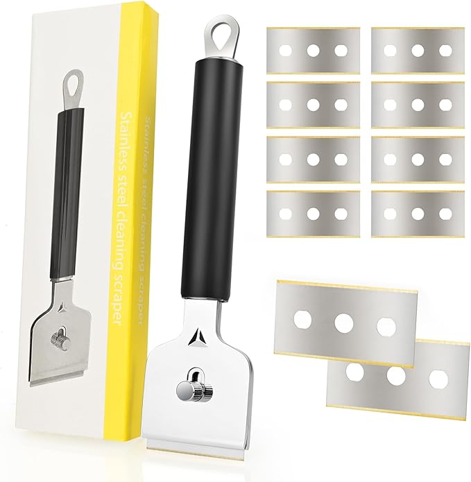 EHDIS Ceramic Hob Scraper with 10pcs Titanium Coated Blades – Metal Razor Blades Scraper Tool for Cooktop, Glass & Stove,Tile | Removes Burnt-On Food & Grease Without Scratching