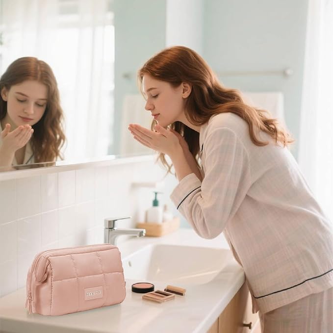 Makeup Bag Travel Toiletry Bag - Puffy Padded Make Up Bag, Waterproof Cosmetic Bag with Multiple Compartments, Wide-open Makeup Pouch for Cosmetics, Toiletries, and Travel Essentials, Pink