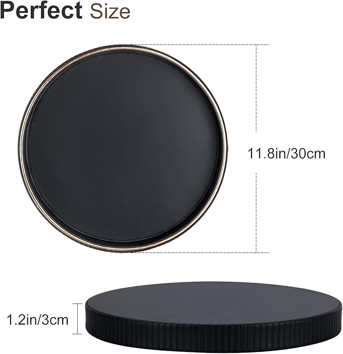 KINGFOM Round Tray for Coffee Table, PU Leather Valet Nightstand Desk Organizer for Men Women, Golden Trim Tray for Home Decor Living Room Dining Table, Perfume Trays Nightstand Organizer Black