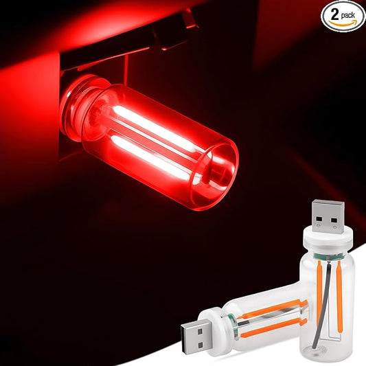2 PCS Car USB Lights, Plug-in Retro Car Atmosphere Lamp with Touch Dimmable, Portable Mini Glass Bottle LED Bulb Night Lights for Vehicle Bedroom Hallway Camping Holiday Decoration (Red)