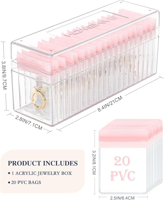 Acrylic Jewelry Box Organizer, Clear Jewelry Organizer Holder with 20 Portable Anti Tarnish Jewelry bags, Travel Jewelry Case for Earrings/Rings/Necklaces for Women Girls, Pink