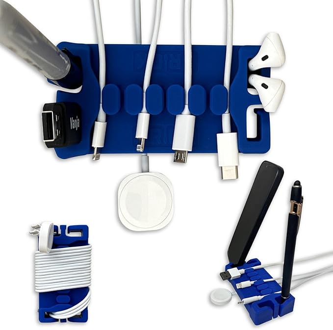 DeskBrick – Patented Non-Slip Steel-Weighted Desk Organizer & Cable Management Gadget, Versatile Cord, Phone & Accessory Holder for Office, Home & Desktop – Best Gift for Men. Blue