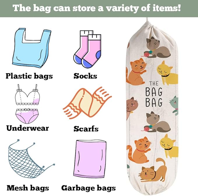 2Pcs Cat Plastic Bag Holder for Kitchen Essentials, Reusable Hanging Grocery Bag Organizer, Washable Large Grocery Trash Bags Storage Dispenser