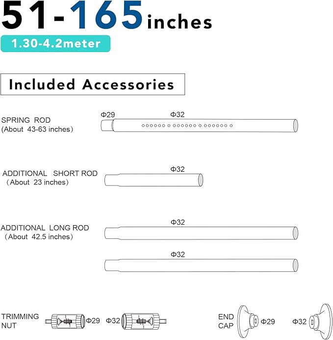 Umimile Tension Curtain Rod, 51-165 inches Adjustable Spring Shower Tension Curtain Rod, Stainless Steel Closet Rod for Windows or Shower, No Drilling, No Rust, Easy to Install