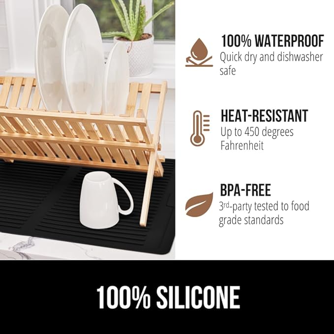GORILLA GRIP 100% BPA-Free Patented Silicone Dish Drying Mat for Kitchen Counter, 18x24 Inch, Water Catching Ribbed Design, Easy Clean Waterproof Sink Liner, Heat Resistant, Fits Under Rack, Black