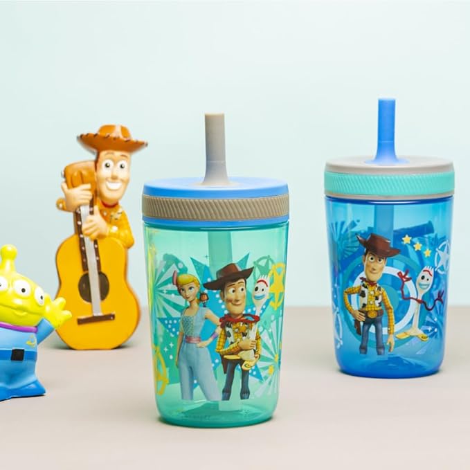 Zak Designs Kelso 15 oz Tumbler Set (Toy Story 4 - Woody & Buzz 2pc Set) Toddlers Cup Leak-Proof Screw-On Lid with Straw Made of Durable Plastic and Silicone, Perfect Bundle for Kids