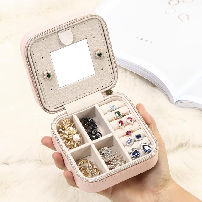 Jewelry Case with Mirror, Small Travel Jewelry Organizer, Portable Mini Storage Box for Rings, Earrings, Necklaces, Gift for Mother Mom, Girl, Daughter, Sisters, Bridesmaids, Mother's Day Gift (Pink)