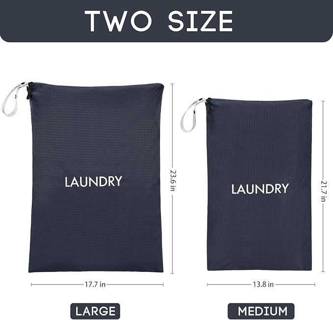 Travel Laundry Bag (2 Pcs - Large + Small) - Foldable Waterproof Washable Wet Dry Bag for Gym, Swimming, Yoga, and Workout Perfect for Dirty Clothes, Bathing Suits, Travel Accessories - Navy Blue