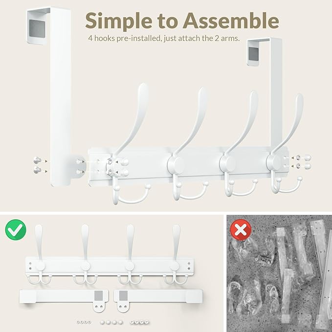 Heavy Duty Over The Door Hooks Rustproof - 25lb Over The Door Towel Rack, Over The Door Towel Hook, Door Hanger for Bathroom, Coat Rack Dorm Room Essentials (1Pack, White)