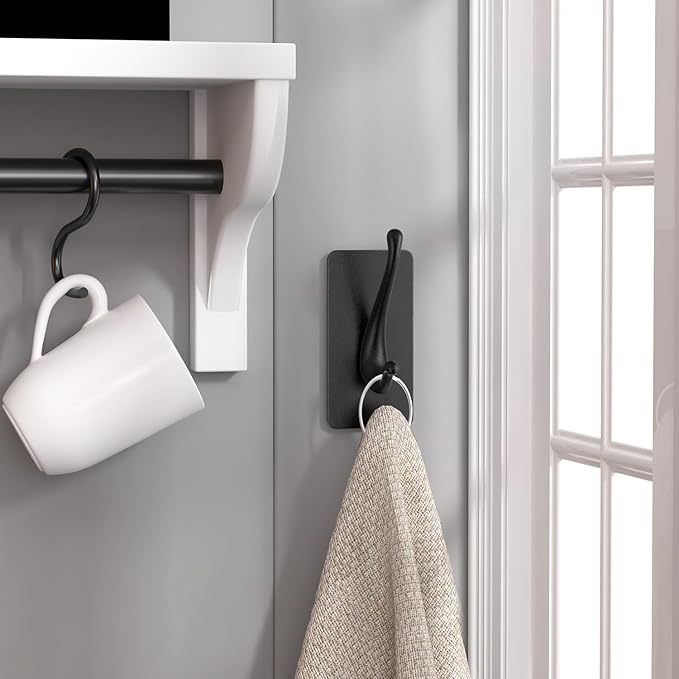 JCHOUS Towel Hooks, Solid Alloy Adhesive Wall Hooks for Hanging, Towel Hooks for Bathroom, RV, Kitchen, Closets, etc (Black, 4 Pack)