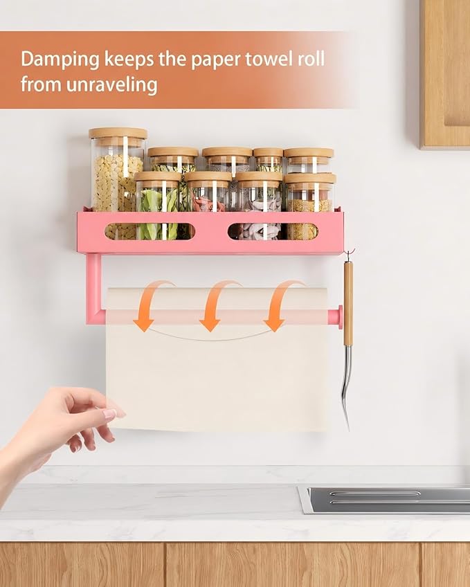 Paper Towel Holder Wall Mount with Shelf, Easy One Hand Tear, Adhesive Glue or Drill Mount Hanging Paper Towel Holder with Shelf for Kitchen/Bathroom/RV, Pink Metal, 4 Hooks