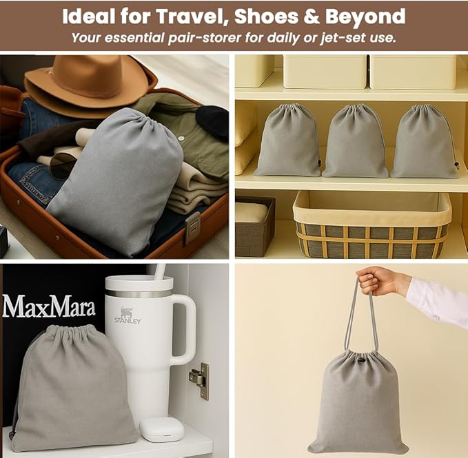 LFH Cotton Rich Shoe Storage Bags with Drawstring, Dustproof Breathable Reusable Organizer, Perfect For Travel, Dorm, Hotel, College, Gym, Easy to Carry, Machine Washable 8"x17" (Pack of 6) - Grey