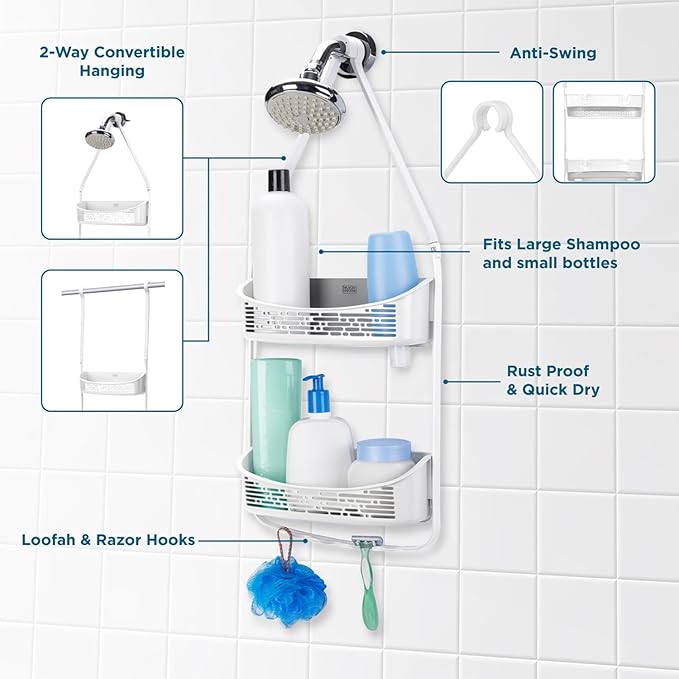 BLACK+DECKER 2-Way Convertible Hanging Anti-Swing Shower Caddy, 2 Way Adjustable Arm, Over The Door, Loofah & Razor Hooks, Storage & Organization, Large and Small Bottles and More, White