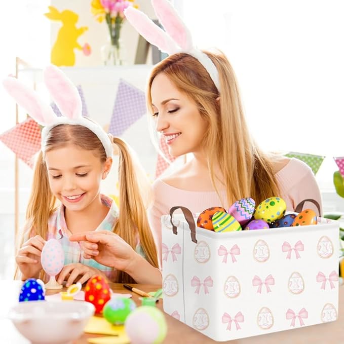 FXOLCSHE Rectangular Easter basket,Nursery Hamper,Collapsible waterproof baby toy storage box for Kids,Toy Organizer,Home Decor,Easter gift basket(Pink bow egg)