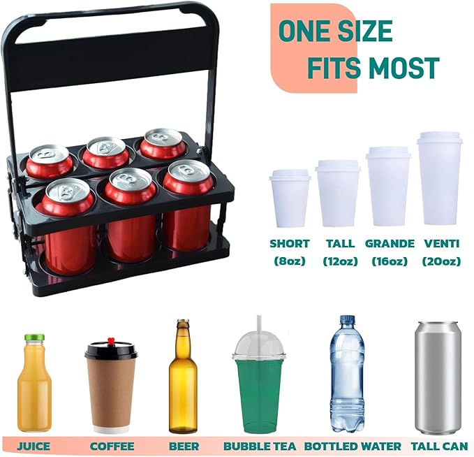 6 Cup Drink Carrier with Handle, Portable Cup Carriers for Drinks, Drink Carrier for Delivery, Coffee Carrier, Drink Caddy Portable Drink Carrier, Beverage Drink holder, Reusable, Black