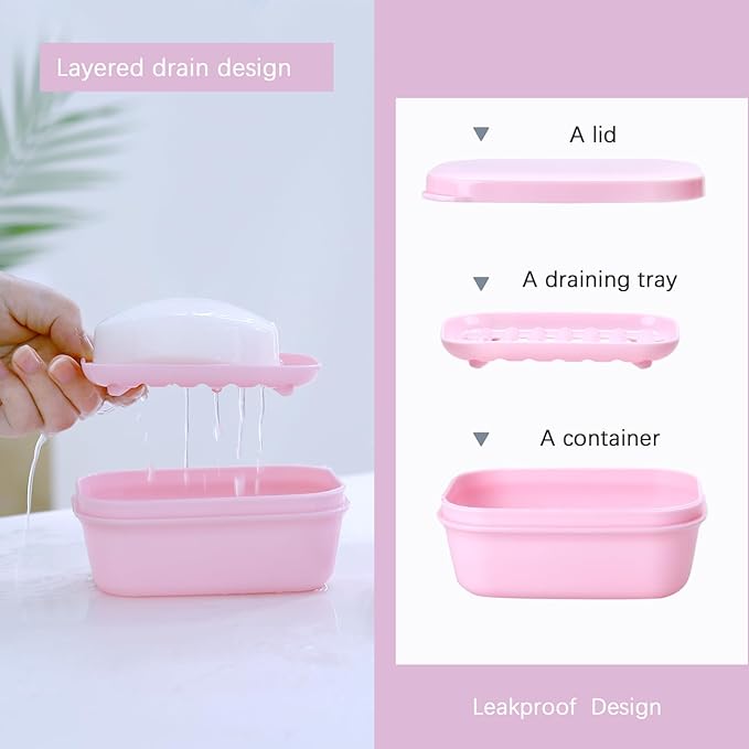 1 Pack Soap Travel Container Portable Soap Case Leakproof Soap Box Soap Saver Dish with Cover Plastic Soap Bar Holder for Camping Outdoor Bathroom Shower Gym Hiking Traveling（Pink）