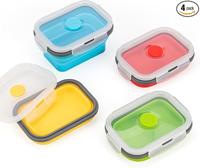 Collapsible Food Storage Containers with Airtight Lids, 11.8 oz, Small Kitchen Stacking Silicone Collapsible Meal Prep Container Set for Leftovers, Microwave Freezer Dishwasher Safe, 4 Colors, Set of 4