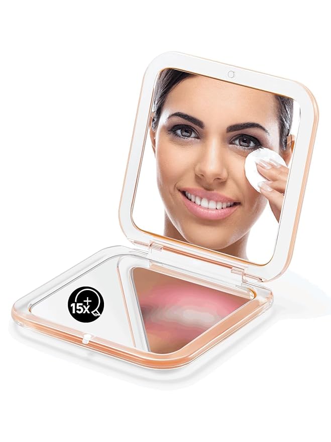 OMIRO Folding Compact Mirror, 1X/15X Magnification 3½” Pocket Size Square Hand Mirror for Travel Makeup (Peach Fuzz)