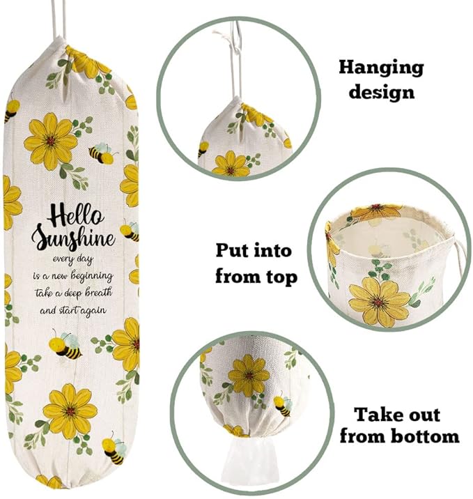 2Pcs Sunflower Plastic Bag Holder for Kitchen Essentials, Reusable Hanging Grocery Bag Organizer, Sunflower Gifts for Women, Washable Large Grocery Trash Bags Storage Dispenser