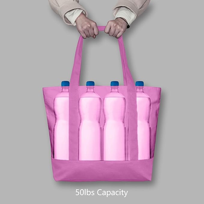 TOPDesign 6-Pack Canvas Tote Bags with an External Pocket, Reusable Grocery Shopping Bags, Top Zipper Closure, Daily Essentials (Light Purple)