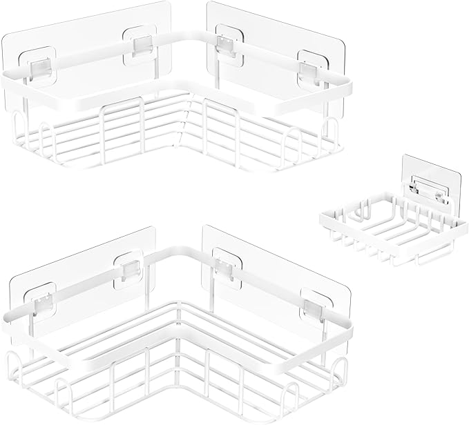 Moforoco Corner Adhesive Shower Caddy, with Soap Holder and 12 Hooks, Rustproof Stainless Steel Bathroom Organizer, No Drilling Wall Mounted Rack, Black, 3-Pack(White)