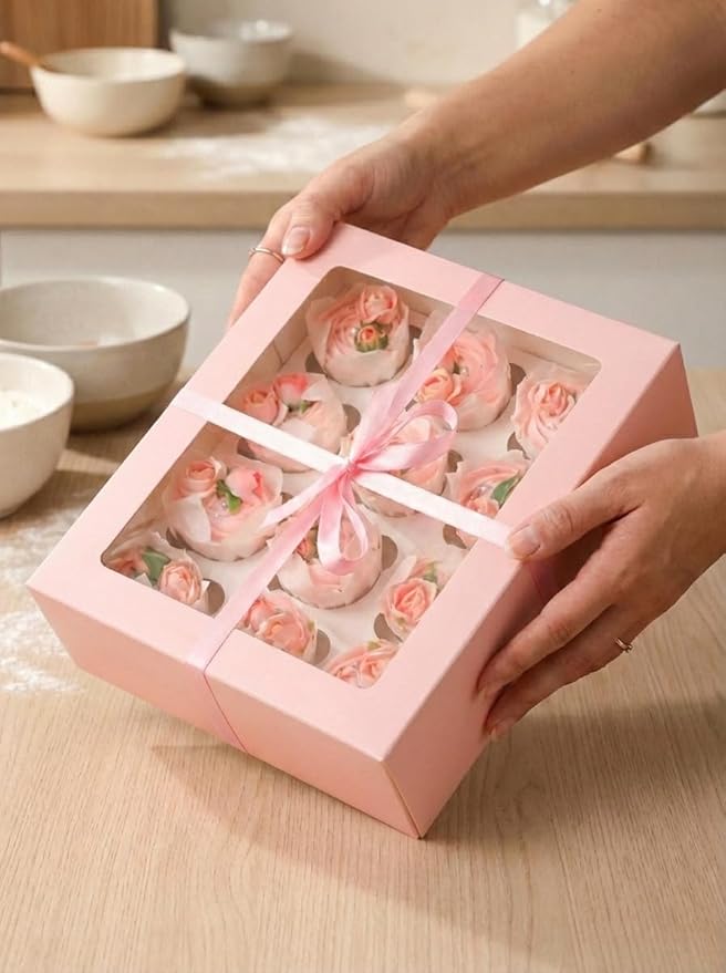 Bakepacker Auto-pop up 12 Cupcake Containers 6-Packs Pink Cupcakes Carrier, 12 Cupcake Boxes with Window 13"x10"x3.5"