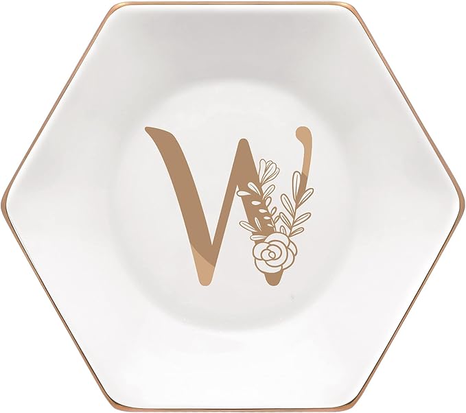 CARAKNOTS Ceramic Jewelry Tray Decorative Ring Dish for Her Birthday Engagement Christmas Gifts for Women Monogrammed Jewelry Dish for Rings Earrings Necklace Personalized Trinket Plate White Letter W