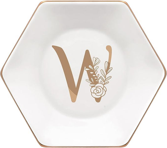 CARAKNOTS Ceramic Jewelry Tray Decorative Ring Dish for Her Birthday Engagement Christmas Gifts for Women Monogrammed Jewelry Dish for Rings Earrings Necklace Personalized Trinket Plate White Letter W
