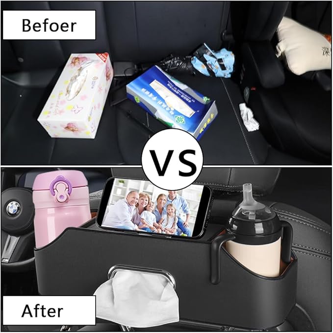 Abnaok Back Seat Car Organizer, 4-in-1 Multifunctional Car Back Seat Storage Box with Drink Cup Holder and Tissue Box, for Holding Phone, Snacks, Drinks, and Handbag