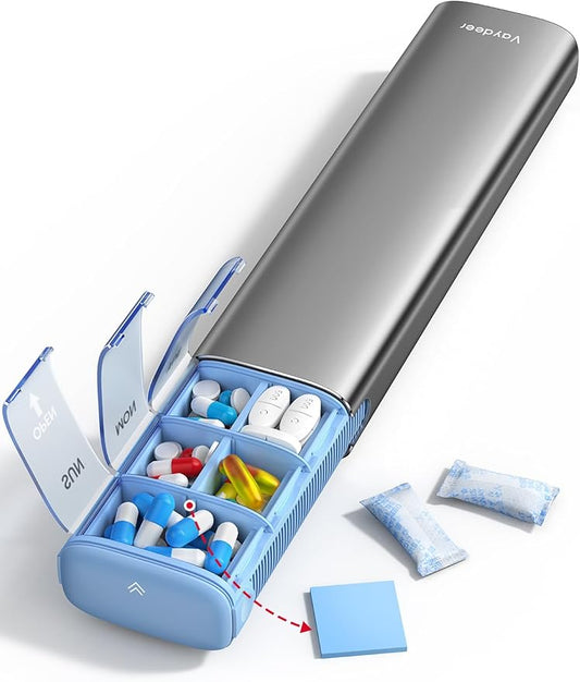 VAYDEER Metal Weekly Pill Organizer – Moisture-Proof Travel Pill Organizer with Built-in Desiccant Chamber and Airtight Lids – Large-Capacity Pill Box for Vitamins, Medicines & Supplements (Gray)