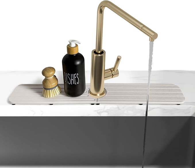 23.6inch x 4inch Kitchen Sink Faucet Mat, Water Absorbing Stone Faucet Splash Guard for Bathroom Counter, Quick Drying Diatomite Tray for Kitchen Sink, Light Gray