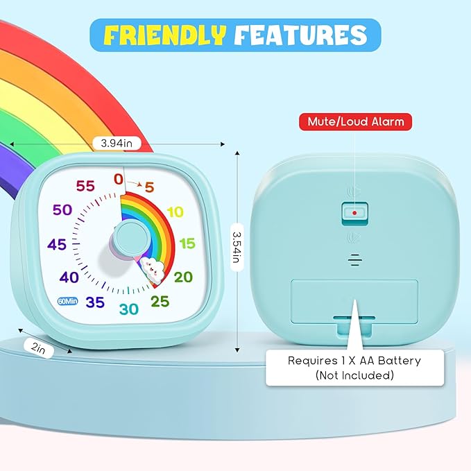 HIPPIH Visual Timer for Kids - 60 Minute Pomodoro Timers for Classroom Kitchen Office, Countdown Kids Timer Clock with Rainbow Disk, Desk Time Management Tool for Toddler with Silent Operation, Blue