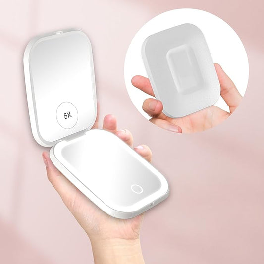 S'bagno LED Makeup Mirror with 1X/5X Magnification, Dimmable Lighted Travel Vanity Mirror, Folding & Handheld Design for Makeup, Skincare, and Grooming (White)