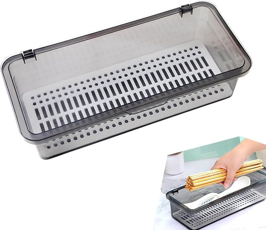 Flatware Tray with Lid and Drainer, Silverware Tray Kitchen Dinnerware Holder and Utensil Storage Container for Flatware and Silverware (Grey)