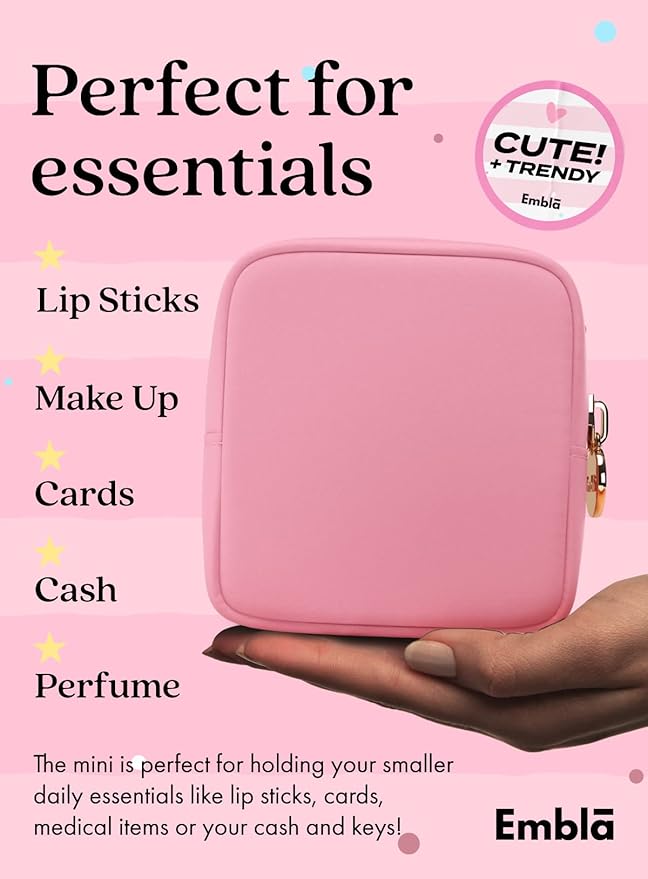 Embla Makeup Bag Travel Cosmetics Pouch and Toiletry Bag, Nylon Zipper Pouch Purse, Cute Make Up Organizer Storage Tote for Women Girls, Travel Skincare Case, Small Makeup Bags, Flamingo Pink