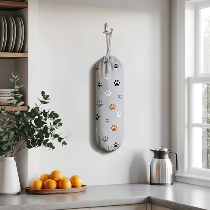 Paw Prints Plastic Bag Holder, Reusable Grocery Garbage Bags Holder, Wall Mount Plastic Bags Organizer, Kitchen Housewarming Gift for Women Dog Lover, Kitchen Pattern Garbage Bag 56