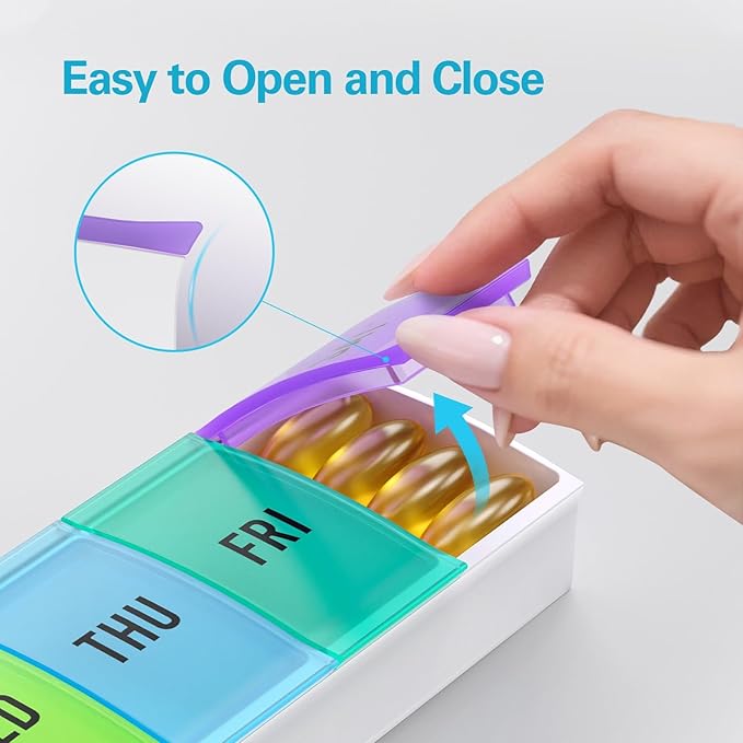 Barhon Medium Size Pill Organizer Weekly, 7 Day Medicine Pill Organizers, Daily Pills Box Case Travel for Big Vitamin Supplements Fish Oil, Multi-Colored