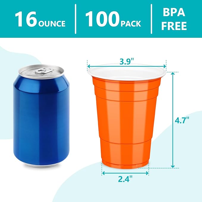 LANLISA 100 Orange Plastic Cups, 16 oz Disposable Cups, Drinking Cups For Halloween, Thanksgiving, Harvest, Fall Party Supplies